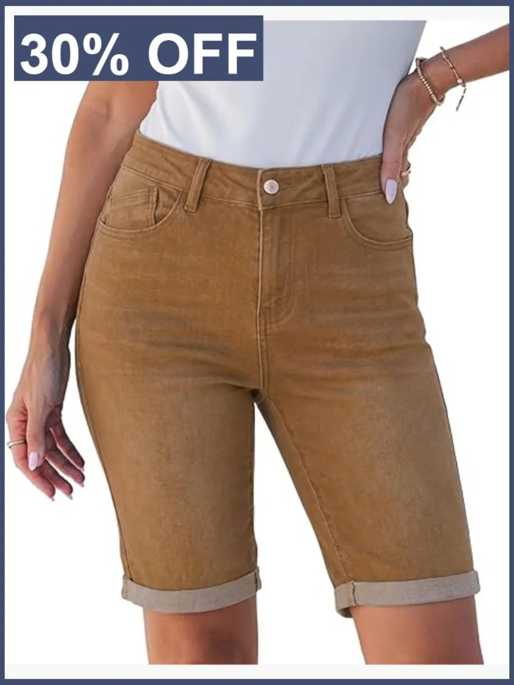 Bermuda Jean Shorts High Waisted Cuffed Hem Long Stretchy Denim Jorts Knee